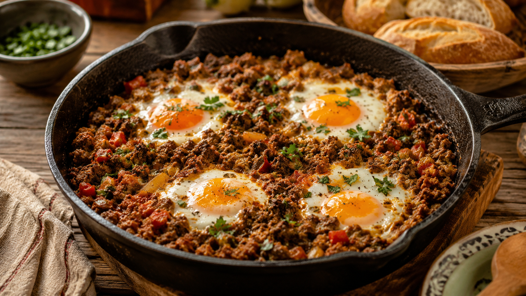 Huevos con carne molida